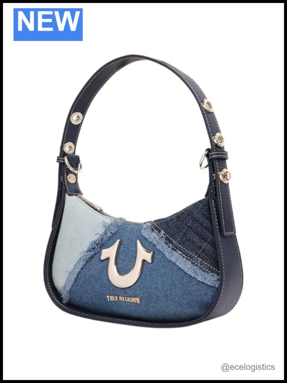 Patchwork Denim Shoulder Bag with Chain Strap, Magnetic Flap Closure